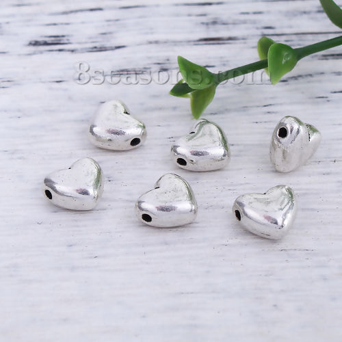 Immagine di Lega di Zinco Perline Cuore Argento Antico Come 10mmx 9mm, Foro: circa 1.1mm, 50 Pz