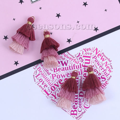 Image de Franges Pompons Glands en Coton Multicouche Vin Rouge Env. 33mm x 20mm, 5 Pcs