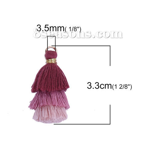 Image de Franges Pompons Glands en Coton Multicouche Vin Rouge Env. 33mm x 20mm, 5 Pcs