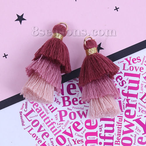 Image de Franges Pompons Glands en Coton Multicouche Vin Rouge Env. 33mm x 20mm, 5 Pcs