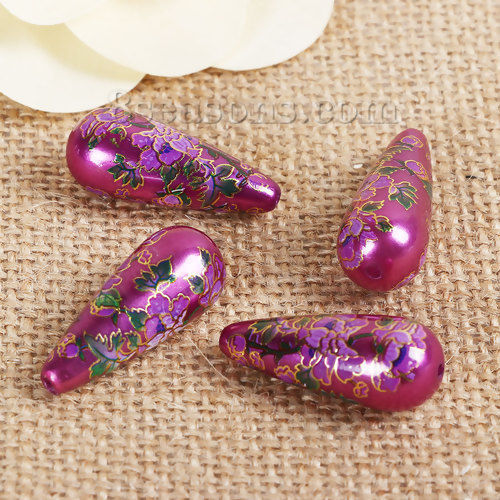 Image de Perles en Acrylique Peinture Japonaise Vintage Japonais Tensha Goutte d'Eau Violet Fleur Belle-de-Jour 32mm x 13mm, Taille de Trou: 1.5mm, 3 Pcs