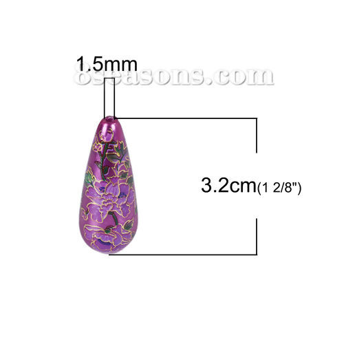Image de Perles en Acrylique Peinture Japonaise Vintage Japonais Tensha Goutte d'Eau Violet Fleur Belle-de-Jour 32mm x 13mm, Taille de Trou: 1.5mm, 3 Pcs