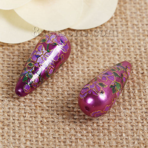 Image de Perles en Acrylique Peinture Japonaise Vintage Japonais Tensha Goutte d'Eau Violet Fleur Belle-de-Jour 32mm x 13mm, Taille de Trou: 1.5mm, 3 Pcs