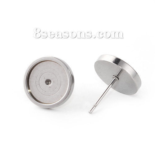 Image de Boucles d'Oreilles Puces en Acier Inoxydable Rond Argent Mat Cabochon Rapportable (Adapté à 10mm ) 12mm Dia., 10 Pcs