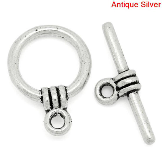 亜鉛合金 マンテル トグルクラスプ 円形 銀古美 17mm x 6mm 15mm x 11mm、 40 セット の画像