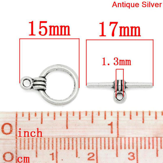 亜鉛合金 マンテル トグルクラスプ 円形 銀古美 17mm x 6mm 15mm x 11mm、 40 セット の画像