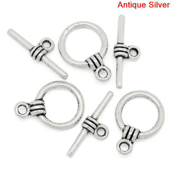 亜鉛合金 マンテル トグルクラスプ 円形 銀古美 17mm x 6mm 15mm x 11mm、 40 セット の画像