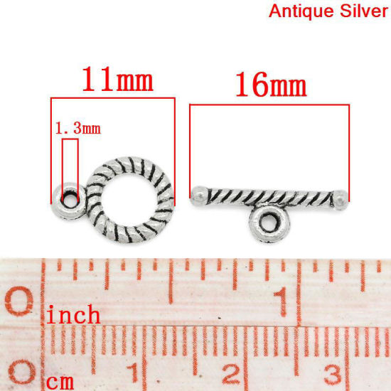 亜鉛合金 マンテル トグルクラスプ 円形 銀古美 縞模様パターン 16mm x 5mm 11mm x 9mm、 50 セット の画像