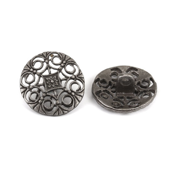 50 個 亜鉛合金 メタル 金属製 裏穴ボタン 単穴 銀古美 円形 フィリグリー 透かし 柄 18mm 直径、 の画像