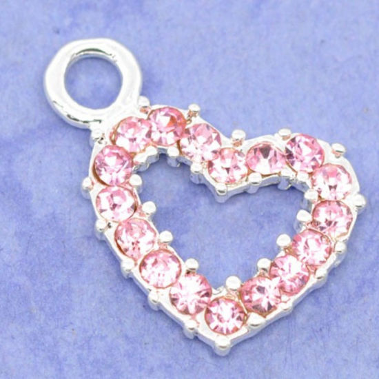 Picture of 50 PCs Zinc Based Alloy Valentine's Day Charms Silver Plated Heart Pink Rhinestone 19mm x 13mm