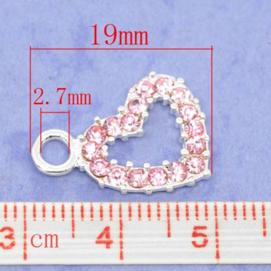 Picture of 50 PCs Zinc Based Alloy Valentine's Day Charms Silver Plated Heart Pink Rhinestone 19mm x 13mm