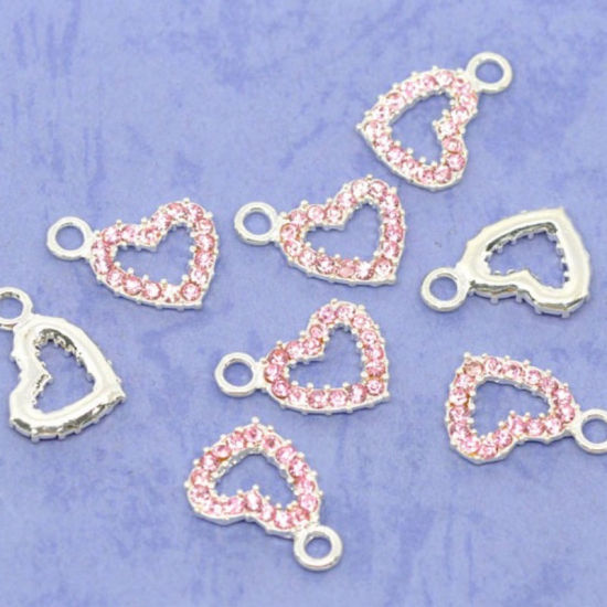 Picture of 50 PCs Zinc Based Alloy Valentine's Day Charms Silver Plated Heart Pink Rhinestone 19mm x 13mm