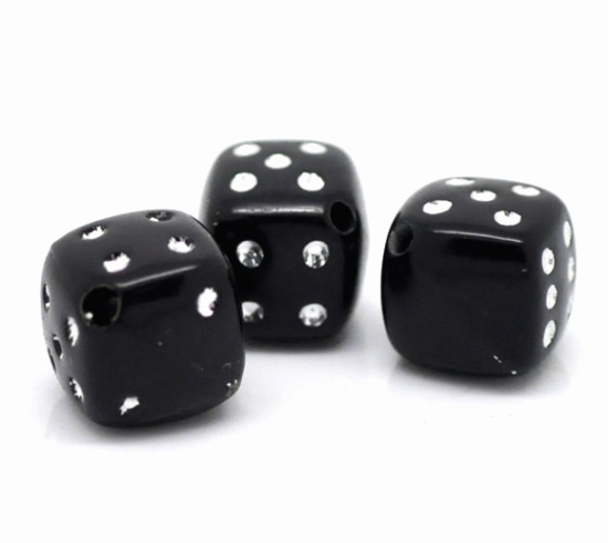 Image de Perle Bubblegum en Acrylique Cube Dé Noir à Pois 9mm x 9mm, Taille de Trou: 1.3mm, 100 PCs