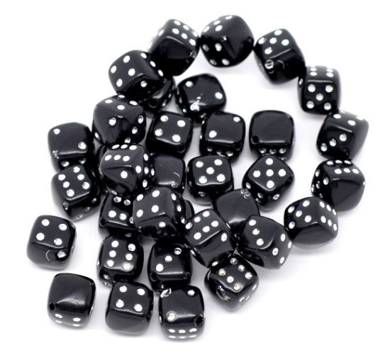 Image de Perle Bubblegum en Acrylique Cube Dé Noir à Pois 9mm x 9mm, Taille de Trou: 1.3mm, 100 PCs