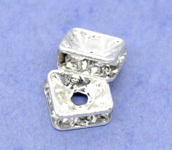 Image de Perle Rondelle Strass en Laiton Carré Argenté à Strass Transparent 6mm x 6mm, Taille de Trou: 1.2mm, 20 PCs