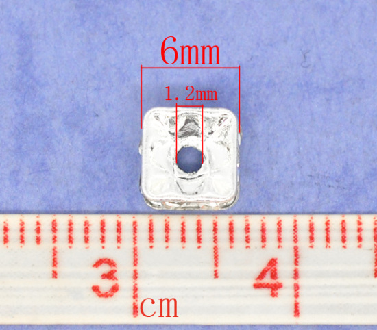 Image de Perle Rondelle Strass en Laiton Carré Argenté à Strass Transparent 6mm x 6mm, Taille de Trou: 1.2mm, 20 PCs