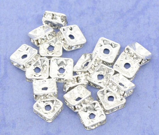 Image de Perle Rondelle Strass en Laiton Carré Argenté à Strass Transparent 6mm x 6mm, Taille de Trou: 1.2mm, 20 PCs