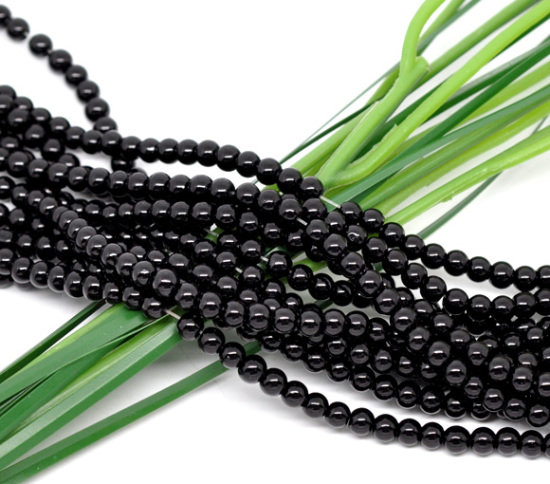 Image de Perles Imitation en Verre Rond Noir Nacré 4mm Dia, Taille de Trou: 1mm, 82cm long, 5 Enfilades (Env.210 Pcs/Enfilade)
