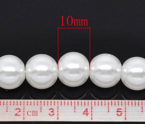 Image de Perles Imitation en Verre Rond Blanc Nacré 10mm Dia, Taille de Trou: 1mm, 82cm long, 2 Enfilades (Env.90 Pcs/Enfilade)