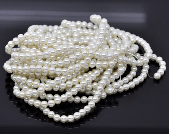 Image de Perles Imitation en Verre Rond Ivoirin Nacré 6mm Dia, Taille de Trou: 1mm, 82cm long, 5 Enfilades (Env.145 Pcs/Enfilade)
