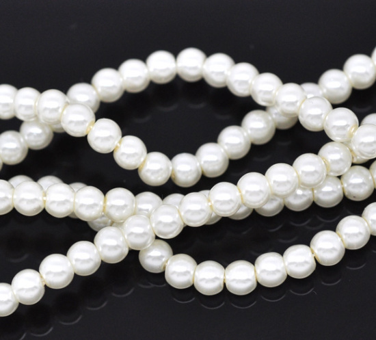 Image de Perles Imitation en Verre Rond Ivoirin Nacré 4mm Dia, Taille de Trou: 1mm, 82cm long, 5 Enfilades (Env.210 Pcs/Enfilade)