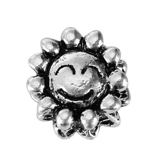 Image de Perles à Gros Trou au Style Européen en Alliage de Zinc Tournesol Argent Antique Visage Souriant 10mm x 9mm, Tailles de Trous: 4.7mm, 20 Pcs