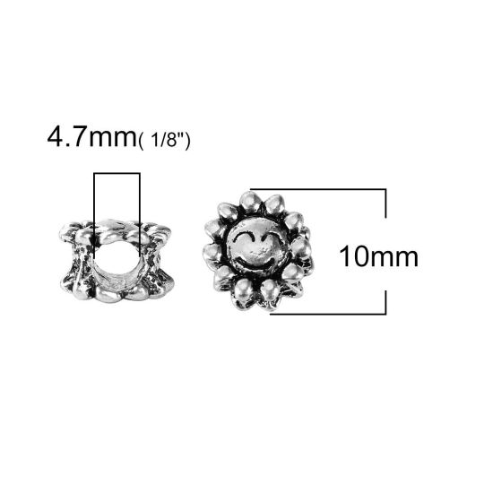 Image de Perles à Gros Trou au Style Européen en Alliage de Zinc Tournesol Argent Antique Visage Souriant 10mm x 9mm, Tailles de Trous: 4.7mm, 20 Pcs
