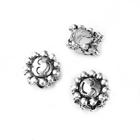 Image de Perles à Gros Trou au Style Européen en Alliage de Zinc Tournesol Argent Antique Visage Souriant 10mm x 9mm, Tailles de Trous: 4.7mm, 20 Pcs