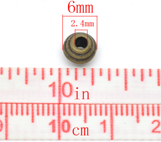 Image de Perles Bicônes en Alliage de Zinc UFO Bronze Antique Rayée 6mm Dia, Taille de Trou: 2.4mm, 100 Pcs