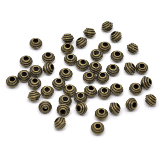 Image de Perles Bicônes en Alliage de Zinc UFO Bronze Antique Rayée 6mm Dia, Taille de Trou: 2.4mm, 100 Pcs