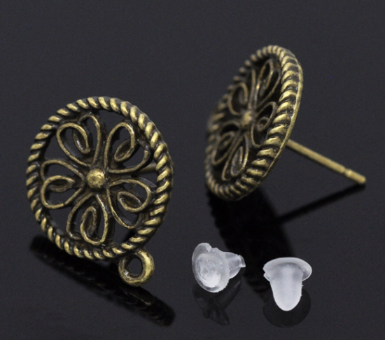 Image de Apprêts de Boucles d'Oreilles Puces en Alliage de Zinc avec Boucle & Embouts Forme Rond Bronze Antique 17mm x 13mm, Epaisseur de Fil: (21 gauge), 50 Pcs