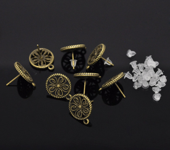 Image de Apprêts de Boucles d'Oreilles Puces en Alliage de Zinc avec Boucle & Embouts Forme Rond Bronze Antique 17mm x 13mm, Epaisseur de Fil: (21 gauge), 50 Pcs