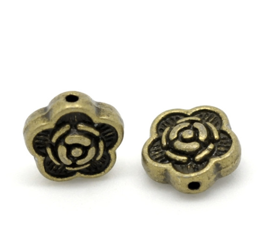 亜鉛合金 スペーサ ビーズ フラワー 銅古美メッキ 花パターン 約7mm x 7mm、 　穴：約1mm、 100 PCs の画像
