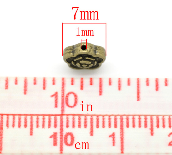 亜鉛合金 スペーサ ビーズ フラワー 銅古美メッキ 花パターン 約7mm x 7mm、 　穴：約1mm、 100 PCs の画像