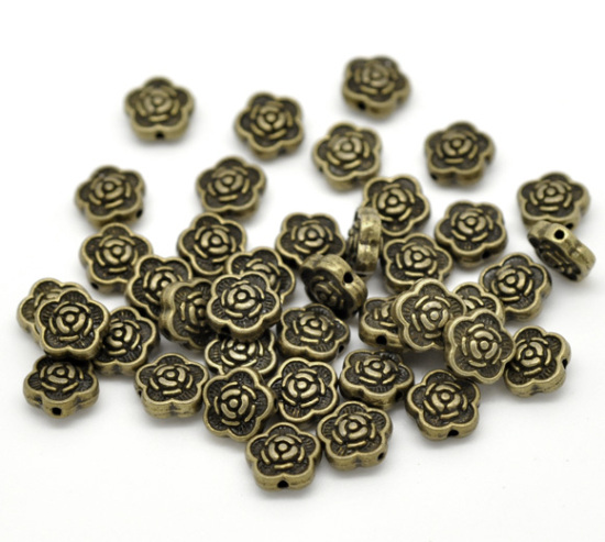 亜鉛合金 スペーサ ビーズ フラワー 銅古美メッキ 花パターン 約7mm x 7mm、 　穴：約1mm、 100 PCs の画像