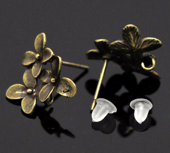 Image de Apprêts de Boucles d'Oreilles Puces en Laiton avec Embouts Forme Fleur Bronze Antique 15mm x 14mm, Epaisseur de Fil: (21 gauge), 10 Pcs