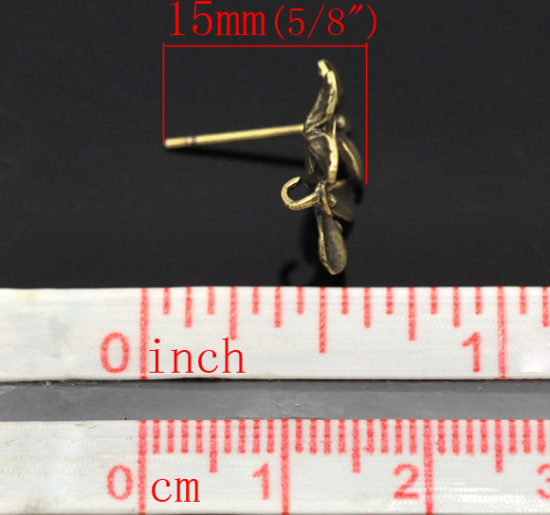 Image de Apprêts de Boucles d'Oreilles Puces en Laiton avec Embouts Forme Fleur Bronze Antique 15mm x 14mm, Epaisseur de Fil: (21 gauge), 10 Pcs