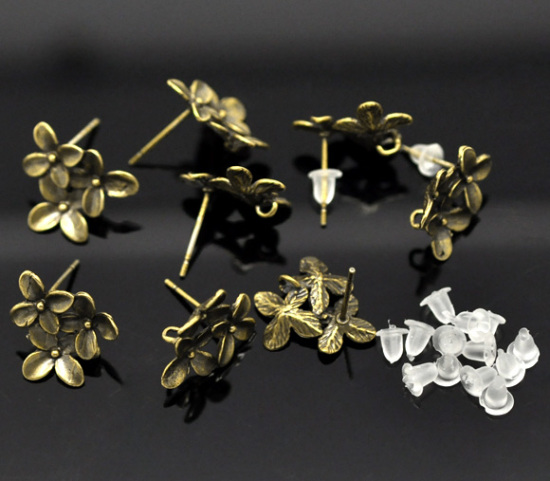 Image de Apprêts de Boucles d'Oreilles Puces en Laiton avec Embouts Forme Fleur Bronze Antique 15mm x 14mm, Epaisseur de Fil: (21 gauge), 10 Pcs