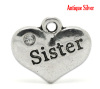 Picture of Zinc Based Alloy Charms Heart Antique Silver Color Message " Sister " Carved Clear Rhinestone 6mm( 5/8") x 14mm( 4/8"), 20 PCs