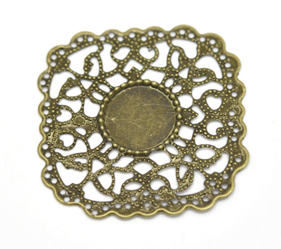 Image de Cabochons d'Embellissement Estampe en Filigrane Creux en Alliage de Zinc Carré Fleurs Gravé Bronze Antique à Cabochon 14.5mm Dia, 4.5cm x 4.3cm, 30 Pcs