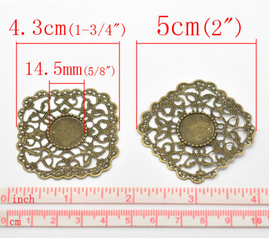 Image de Cabochons d'Embellissement Estampe en Filigrane Creux en Alliage de Zinc Carré Fleurs Gravé Bronze Antique à Cabochon 14.5mm Dia, 4.5cm x 4.3cm, 30 Pcs