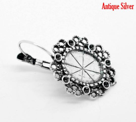 Image de 20 Pcs Boucles d'Oreilles Dormeuse Accessoires en Alliage de Zinc & Laiton Ovale Argent Vieilli (Convient 15mm x 11mm) 3.7cm x2.1cm(1 4/8" x 7/8") - 3.5cm x2.1cm(1 3/8" x 7/8")