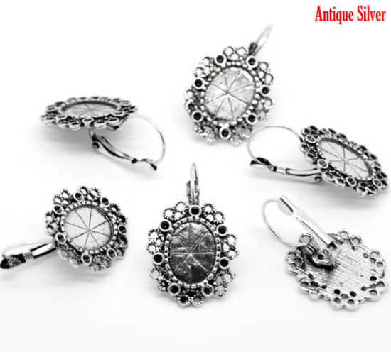 Image de 20 Pcs Boucles d'Oreilles Dormeuse Accessoires en Alliage de Zinc & Laiton Ovale Argent Vieilli (Convient 15mm x 11mm) 3.7cm x2.1cm(1 4/8" x 7/8") - 3.5cm x2.1cm(1 3/8" x 7/8")