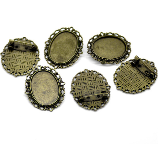 Image de Broche Epingle à Nourrice en Alliage de Zinc Ovale Bronze Antique (Convenable à Cabochon 25mm x 18mm) 36mm x 29mm, 10 PCs