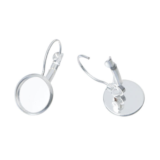 Picture of Copper Clip On Earring Cabochon Settings Round Silver Plated (Fits 12mm Dia.) 27mm(1 1/8") x 14mm( 4/8"), Post/ Wire Size: (19 gauge), 150 PCs
