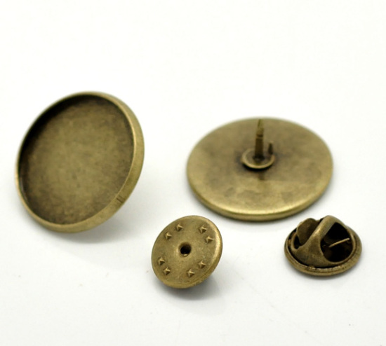 亜鉛合金 タイタック ピンブローチ パーツ 円形 銅古美 台座付き  ( 20mmに適応) 22mm x 10mm 11mm x6mm、 20 セット の画像