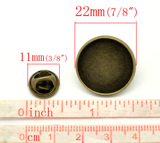 亜鉛合金 タイタック ピンブローチ パーツ 円形 銅古美 台座付き  ( 20mmに適応) 22mm x 10mm 11mm x6mm、 20 セット の画像