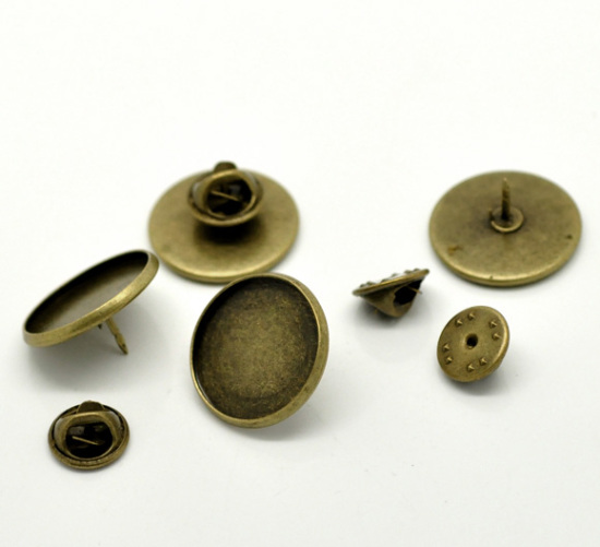 亜鉛合金 タイタック ピンブローチ パーツ 円形 銅古美 台座付き  ( 20mmに適応) 22mm x 10mm 11mm x6mm、 20 セット の画像