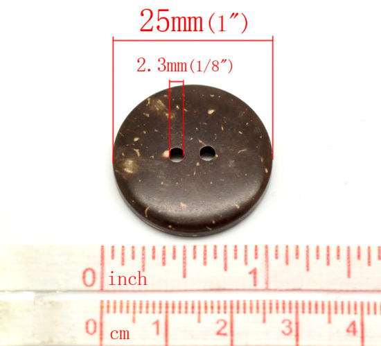 ココナッツの殻 縫製 ボタン 2つ穴 円形 ブラウン 25mm 直径、 50 個 の画像