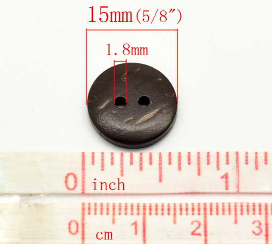 ココナッツの殻 縫製 ボタン 2つ穴 円形 ブラウン 15mm 直径、 100 個 の画像